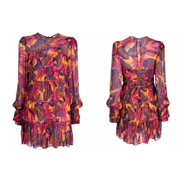 FARM RIO Pink Yellow Fruit Dream Long Sleeve Ruffle Pleated Mini Small $265 - Picture 3 of 14